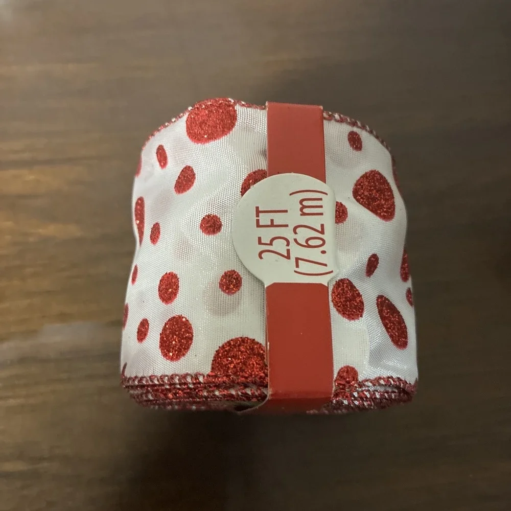 8 Yards Polka dot Glitter Wired Edge Ribbon -   Red, white‎